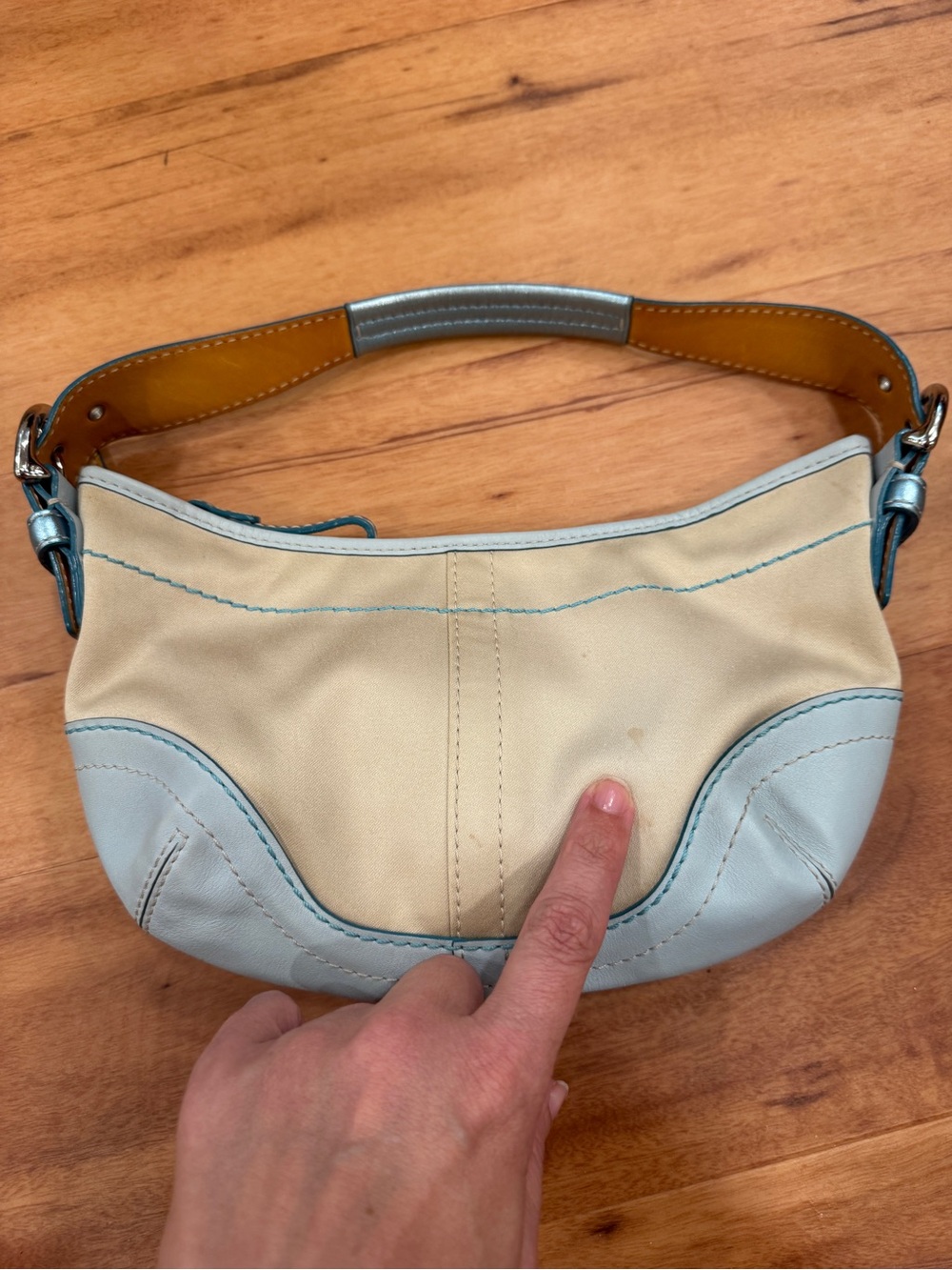 Authentic Coach # 1877 2004 Canvas & Blue leather Metallic SoHo Mini Hobo - Picture 7 of 11
